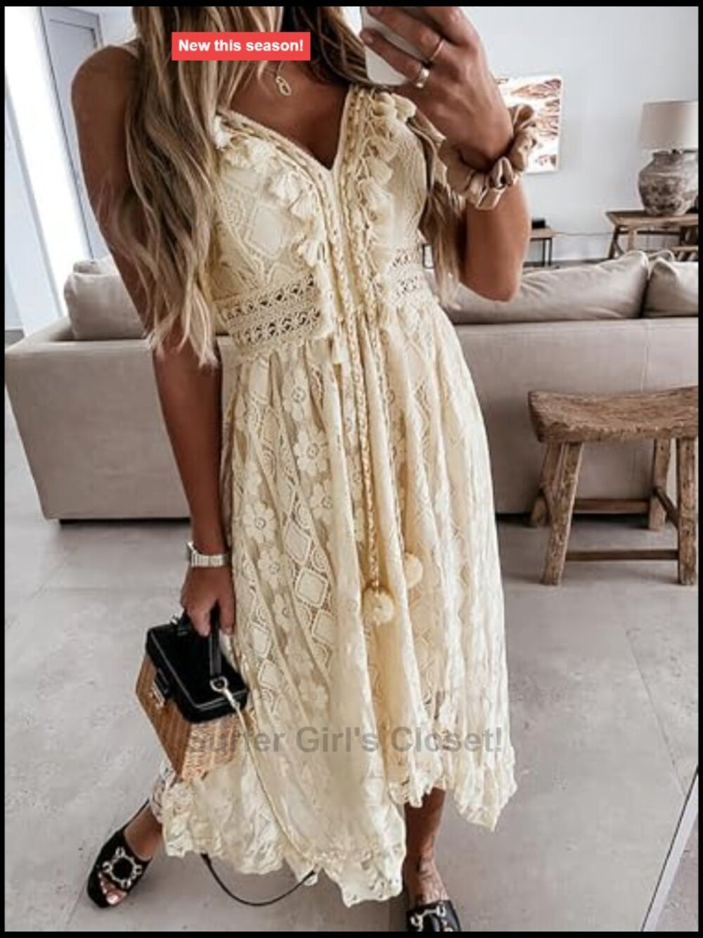Lace V-Neck Sleeveless Maxi Sundress Boho Crochet Tassel Beach Vacation - Picture 2 of 7